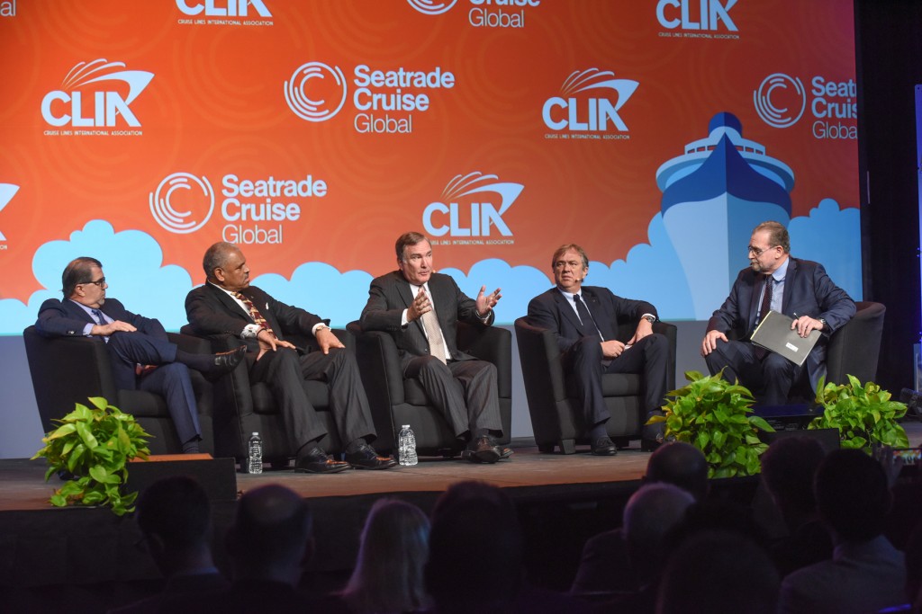 Frank Del Rio, President & CEO of Norwegian Cruise Line Holdings; Arnold Donald, President & CEO of Carnival Corporation; Richard Fain, Chairman & CEO of Royal Caribbean Cruises Ltd.; and Pierfrancesco Vago, Executive Chairman of MSC Cruises, and travel journalist Peter Greenberg at the opening of Seatrade  Cruise Global 2016.  